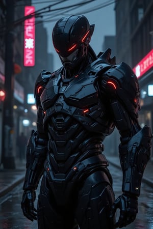 "A highly detailed, cinematic photorealistic image of RoboCop standing in a dark, rain-soaked Detroit alleyway. Neon lights reflect off his armored suit. Dramatic lighting, focus on his helmet. Cyberpunk aesthetic.",Cystyle