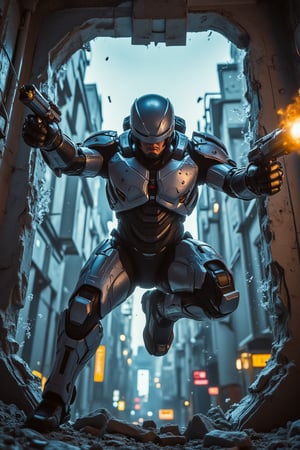 "A dramatic action shot of RoboCop leaping through a shattered window, his gun blazing. The city is in ruins behind him. Use slow-motion and a wide-angle lens for maximum impact. Focus on the intensity in his eyes.",Action pose,METALLIC