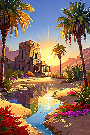 Desert oasis, palm trees casting long shadows in the golden sand, crystal clear water reflecting the vibrant colors of the sunset, exotic flowers blooming around, ancient ruins peeking through the palm leaves, tranquil and mystical atmosphere, painting style capturing the essence of oasis serenity.,painted world,in a jar