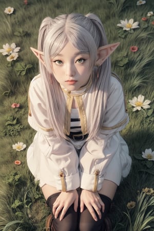 4k, fine detail, masterpiece, high quality eyes, , perfect light, soft shadows, best character art, frieren, 1girl, long hair, pout,pointy ears, twintails, jewelry, elf, earrings,parted bangs, flower,  blushing, sitting on grass, looking on the viewer, full body view,boots,  stockings,masterpiece