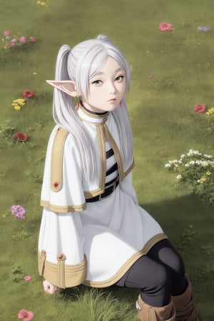 4k, fine detail, masterpiece, high quality eyes, , perfect light, soft shadows, best character art, frieren, 1girl, long hair, pout,pointy ears, twintails, jewelry, elf, earrings,parted bangs, flower,  blushing, sitting on grass, looking on the viewer, full body view,boots,  stockings,masterpiece