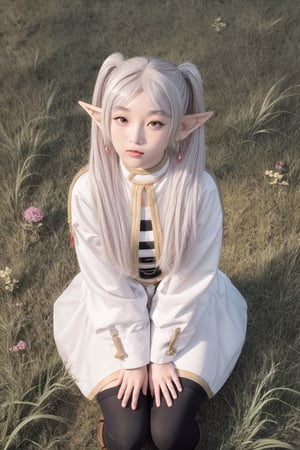 4k, fine detail, masterpiece, high quality eyes, , perfect light, soft shadows, best character art, frieren, 1girl, long hair, pout,pointy ears, twintails, jewelry, elf, earrings,parted bangs, flower,  blushing, sitting on grass, looking on the viewer, full body view,boots,  stockings,masterpiece,xiaoyixian,perfect
