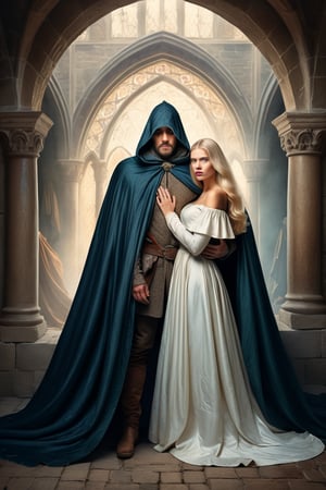 An ugly man wearing a huge cloak is hiding a beautiful blonde woman under the cloak. A fantasy illustration of a medieval era.