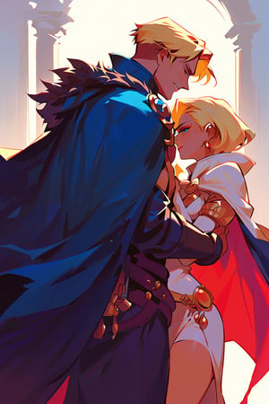 score_9, score_8_up, score_7_up, score_6_up, 1woman, 20yo, blonde hair, 1man, man holding cape, man from behind, man covering girl under his cape, girl under huge cape,