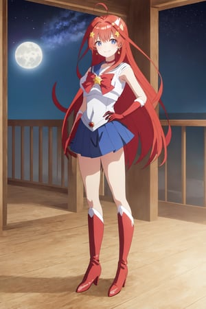 Highly detailed, High quality, Masterpiece, Beautiful, high detailed , Anime, 1girl, solo, red hair, arms at sides, itsuki nakano, hair, long hair, very long hair, miniskirt, choker, bow, crescent earrings, starry sky, knee boots, red choker, white gloves, moon, red bow, sky, magical girl, elbow gloves, star (symbol), closed mouth, earrings, full body, back bow, jewelry, boots, star (sky), sailor senshi uniform, crescent, crescent moon, blue sailor collar, smile, gloves, sailor collar, blue skirt, red footwear, skirt, pleated skirt, bangs, blue eyes, hair between eyes, ahoge, red hair, star \(symbol\), hair ornament, star hair ornament, looking front