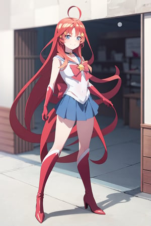 Highly detailed, High quality, Masterpiece, Beautiful, high detailed , Anime, 1girl, solo, red hair, arms at sides, itsuki nakano, hair, long hair, very long hair, miniskirt, choker, bow, crescent earrings, starry sky, knee boots, red choker, white gloves, moon, red bow, sky, magical girl, elbow gloves, star (symbol), closed mouth, earrings, full body, back bow, jewelry, boots, star (sky), sailor senshi uniform, crescent, crescent moon, blue sailor collar, smile, gloves, sailor collar, blue skirt, red footwear, skirt, pleated skirt, bangs, blue eyes, hair between eyes, ahoge, red hair, star \(symbol\), hair ornament, star hair ornament, looking_at_viewer, smile 