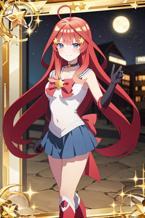 Highly detailed, High quality, Masterpiece, Beautiful, high detailed , Anime, 1girl, solo, red hair, arms at sides, itsuki nakano, hair, long hair, very long hair, miniskirt, choker, bow, crescent earrings, starry sky, knee boots, red choker, white gloves, moon, red bow, sky, magical girl, elbow gloves, star (symbol), closed mouth, earrings, full body, back bow, jewelry, boots, star (sky), sailor senshi uniform, crescent, crescent moon, blue sailor collar, smile, gloves, sailor collar, blue skirt, red footwear, skirt, pleated skirt, bangs, blue eyes, hair between eyes, ahoge, red hair, star \(symbol\), hair ornament, star hair ornament, looking_at_viewer, smile , night_sky, fullmoon