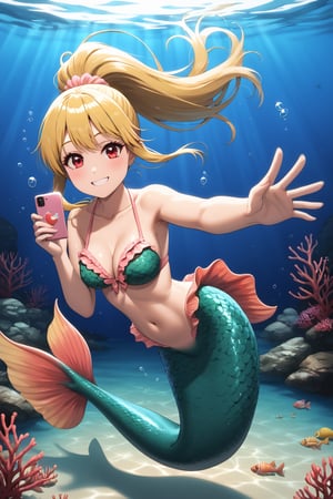 Mermaid girl ,monster girl, long shot, full body, selfie underwater,sexy ,blonde, red eyes, long hair, shiny skin, multicolor scales, swimming, underwater, smile ,looking at viewer, ponytail 