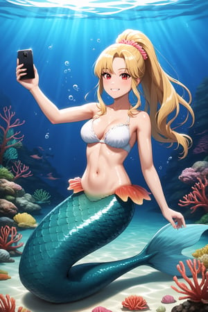 Mermaid girl ,monster girl, long shot, full body, selfie underwater,sexy ,blonde, red eyes, long hair, shiny skin, multicolor scales, swimming, underwater, smile ,looking at viewer, ponytail 