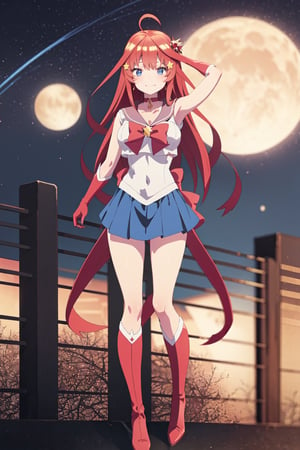 Highly detailed, High quality, Masterpiece, Beautiful, high detailed , Anime, 1girl, solo, red hair, arms at sides, itsuki nakano, hair, long hair, very long hair, miniskirt, choker, bow, crescent earrings, starry sky, knee boots, red choker, white gloves, moon, red bow, sky, magical girl, elbow gloves, star (symbol), closed mouth, earrings, full body, back bow, jewelry, boots, star (sky), sailor senshi uniform, crescent, crescent moon, blue sailor collar, smile, gloves, sailor collar, blue skirt, red footwear, skirt, pleated skirt, bangs, blue eyes, hair between eyes, ahoge, red hair, star \(symbol\), hair ornament, star hair ornament, looking_at_viewer 