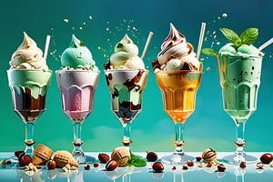 Various flavors of ice cream, in a stylish modern glass, ice cubes, nuts, mint leaves, splashing milk cream, in a gradient background, fluid motion, dynamic movement, cinematic lighting, Mysterious, golden ratio, fake detail, trending pixiv fanbox, acrylic palette knife, style of makoto shinkai studio ghibli genshin impact james gilleard greg rutkowski chiho aoshima