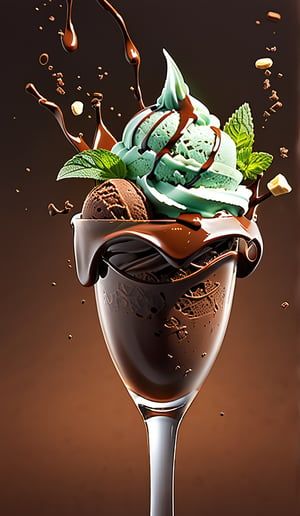 chocolate ice cream, in a stylish modern glass, ice cubes, nuts, mint leaves, splashing milk cream, in a gradient background, fluid motion, dynamic movement, cinematic lighting, Mysterious, golden ratio, fake detail, trending pixiv fanbox, acrylic palette knife, style of makoto shinkai studio ghibli genshin impact james gilleard greg rutkowski chiho aoshima