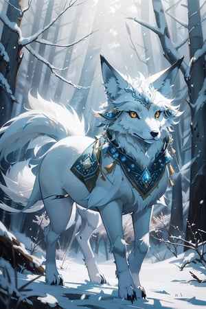 breathtaking, masterpiece, nine-tailed white fox, japanese art style, , majestic, bokeh, ink, art, no_human, complex background, beautiful tails,
n a serene and enchanted forest, a mesmerizing sight awaits those fortunate enough to catch a glimpse - a breathtaking white fox with a lustrous coat that gleams like freshly fallen snow under the gentle moonlight. Gracefully moving through the undergrowth, its elegant form captures the essence of ethereal beauty. But what truly sets this wondrous creature apart is its extraordinary nine tails, each one adorned with intricate patterns that seem to tell ancient tales of mythical wonders. With every swish of those magnificent tails, an enchanting aura of magic surrounds the fox, captivating all who behold its splendor. As the embodiment of purity and allure, the white fox with its resplendent nine tails is a living testament to the wonders of nature's creativity and brilliance.