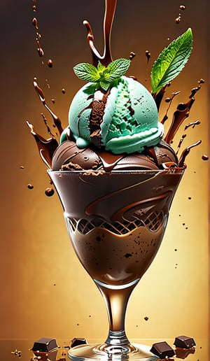 chocolate ice cream, in a stylish modern glass, ice cubes, nuts, mint leaves, splashing milk cream, in a gradient background, fluid motion, dynamic movement, cinematic lighting, Mysterious, golden ratio, fake detail, trending pixiv fanbox, acrylic palette knife, style of makoto shinkai studio ghibli genshin impact james gilleard greg rutkowski chiho aoshima