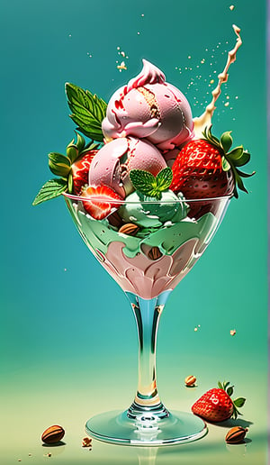 Strawberry Vanilla Ice Cream, in a stylish modern glass, ice cubes, nuts, mint leaves, splashing milk cream, in a gradient background, fluid motion, dynamic movement, cinematic lighting, Mysterious, golden ratio, fake detail, trending pixiv fanbox, acrylic palette knife, style of makoto shinkai studio ghibli genshin impact james gilleard greg rutkowski chiho aoshima