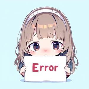 A cute anime girl with big, expressive eyes and long hair, wearing a simple, adorable outfit. She is holding a sign in front of her that says 'Error' in bold letters, but she has a sad expression on her face, with slightly downturned eyes and a pout. The background is a solid, neutral color, such as light blue or white, to make it easy to remove. The overall style is soft and cute, but with a melancholy, disappointed mood.
her full body is in the frame and she is in the center.