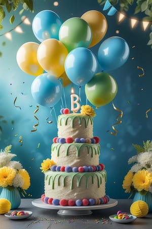  inspiring birthday image featuring a vibrant, sunny day with a clear blue sky. Include colorful balloons floating in the air, a beautifully decorated birthday cake with lit candles, and a group of friends joyfully celebrating. Add a backdrop of lush green trees and flowers in full bloom. Include a cheerful "Happy Birthday" message in elegant, playful font.,moonster