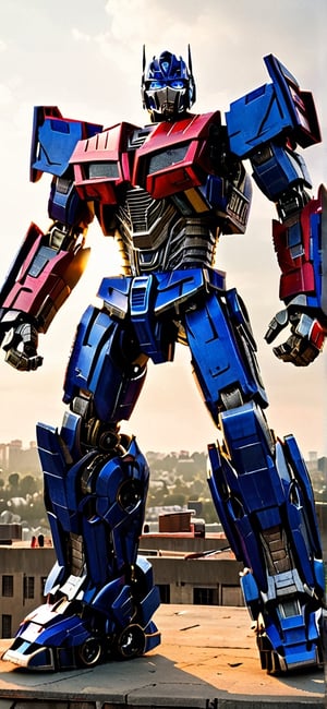 Movie. Live action. Transformers. Optimus Prime. Standing on the roof of a building　　(masterpiece:2),(best quality:2),(raw photo:2),(photo realistic:2),(16k),(32k),(super high resolution:2),comic,OPTMS,Extremely Realistic