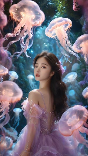 An Asian young woman with long flowing hair, adorned in a delicate lavender gown, surrounded by a mesmerizing enchanted garden environment. She stands amidst a dance of luminescent jellyfish, which glow in hues of pink and blue. The backdrop is filled with blooming flowers, punctuated by the soft glow of bioluminescent petals and the gentle rustle of leaves. The woman's gaze is distant, as if lost in thought, while the jellyfish float gracefully around her, creating an ethereal and dreamlike atmosphere.