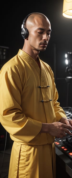 ((masterpiece)), (8k, photorealistic, RAW photo, best quality: 1.4), Envision a budhist monk as a music DJ, (realistic face), shaolin monk bald head style, realistic eyes, detailed eyes, wearing led light headphone on head, closed eyes, crowded, yellow shaolin satin clothes, ultra high res, ultra realistic, highly detailed, cowboy shot, close up, neon light on background, detailed environtment, front-view, 