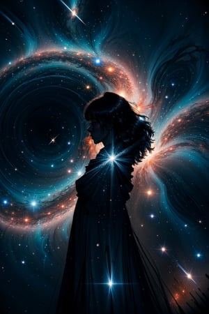 (view from above),masterpiece, best quality, ultra high res, (abstract art:1.3), (dark theme:1.2), art, stylized, deep shadow, dark theme, 1girl, cosmic dress, cosmic beauty, in space, nebula,EpicSky,hourglass body shape,	 SILHOUETTE LIGHT PARTICLES