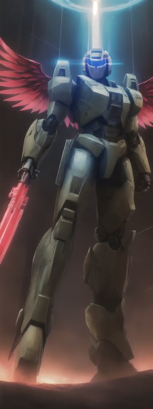 solo, red eyes, holding, weapon, wings, holding weapon, gun, no humans, glowing, halo, robot, building, holding gun, mecha, science fiction, mechanical wings