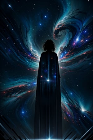 (view from above),masterpiece, best quality, ultra high res, (abstract art:1.3), (dark theme:1.2), art, stylized, deep shadow, dark theme, 1girl, cosmic dress, cosmic beauty, in space, nebula,EpicSky,hourglass body shape,	 SILHOUETTE LIGHT PARTICLES