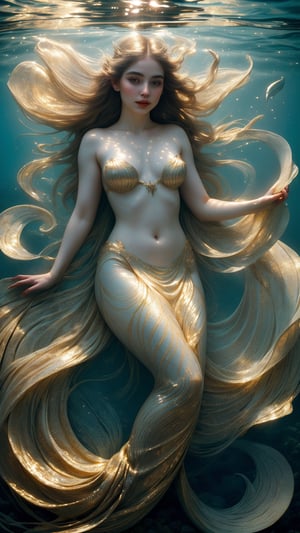 In this captivating underwater scene, a radiant mermaid emerges from worn parchment pages, her shimmering scales aglow in warm golden light. The fish-eye lens distorts the mystical atmosphere, rippling like ocean waves as she breaks free from book constraints. She poses with playful abandon: tail fluke fluttering like a fan, blue eyes sparkling with mischief. Soft focus on her features, with subtle texture and highlights that seem to shift like ripples on water. Her pale skin glistens with an ethereal glow, as if kissed by the golden light.