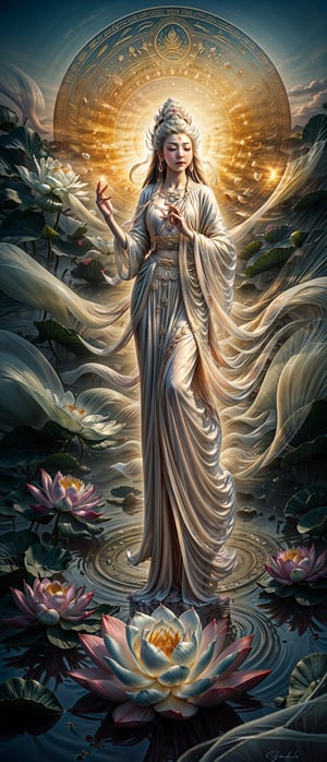 photorealistic, high resolution, 1girl, photo of one of the most well-known figures in Chinese mythology and religion, Guanyin (觀音) is the goddess of mercy and compassion,A colourful lotus pond in the background,
 Guanyin is most commonly depicted as a woman in white robes. ((Full body Ethereal, Ethereal and Delicate Artwork)), vibrant colors, contrasting shadows, aura_glowing, colored_aura, transparent_clothing,guanyin