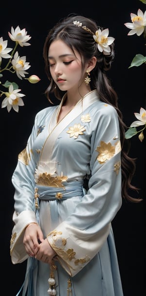 1girl, solo, long hair, black hair, hair ornament, long sleeves, dress, holding, jewelry, closed mouth, standing, closed eyes, flower, earrings, blue dress, bracelet, chinese clothes, white flower, black background, facing viewer, robe, forehead mark, holding flower, hair pulled back, gold, lotus, white robe, hanfu,maisie girl