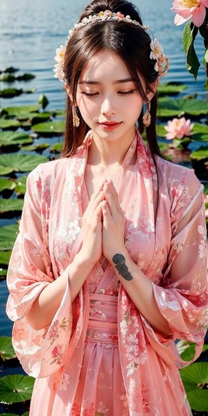 A Chinese ancient beauty is praying, with hands clasped together, eyes closed in silence, wearing a white solemn yet beautiful expression,Lotus in full bloom on the lake background,chinese clothes,hanfu