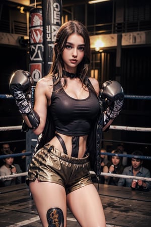 1girl, solo, long brown hair, tank top, midriff, shorts, boxing gloves, dynamic pose, fighting ring, photoreal ai girl,3va,perfecteyes eyes,oversized_puffer_jacket