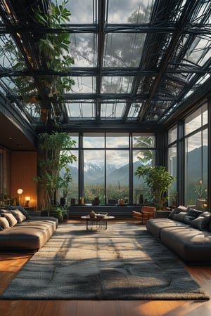 A futuristic POV shot frames a stunning black wireframe of a cozy living room, with a fuzzy background that blends into the atmosphere. Highly detailed and ultra-high resolution (32K UHD), this 3D masterpiece showcases impeccable texture and clarity, as if the viewer is standing right inside the scene.