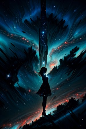 (view from above),masterpiece, best quality, ultra high res, (abstract art:1.3), (dark theme:1.2), art, stylized, deep shadow, dark theme, 1girl, cosmic dress, cosmic beauty, in space, nebula,EpicSky,hourglass body shape,	 SILHOUETTE LIGHT PARTICLES,ludalorashy