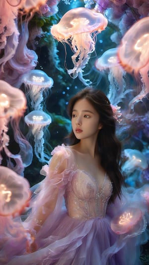 An Asian young woman with long flowing hair, adorned in a delicate lavender gown, surrounded by a mesmerizing enchanted garden environment. She stands amidst a dance of luminescent jellyfish, which glow in hues of pink and blue. The backdrop is filled with blooming flowers, punctuated by the soft glow of bioluminescent petals and the gentle rustle of leaves. The woman's gaze is distant, as if lost in thought, while the jellyfish float gracefully around her, creating an ethereal and dreamlike atmosphere.