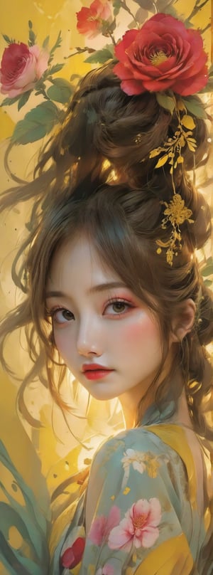 bicolor, ink splatter,
samirai girl, sakura rose \(flower\), yellow hairs, japan ink art, splash, intricate details, volumetric lighting, cinematic, detailed, realistic