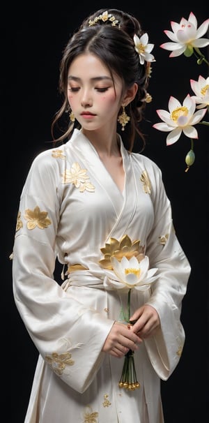 1girl, solo, long hair, black hair, hair ornament, long sleeves, dress, holding, jewelry, closed mouth, standing, closed eyes, flower, earrings, white dress, bracelet, chinese clothes, white flower, black background, facing viewer, robe, forehead mark, holding flower, hair pulled back, gold, lotus, white robe, hanfu,maisie girl