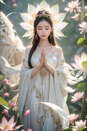 Guanyin wear white dress in heaven with magical lotus in background , Pray with both hands,bamboo leafs, half shot, miracle flares 