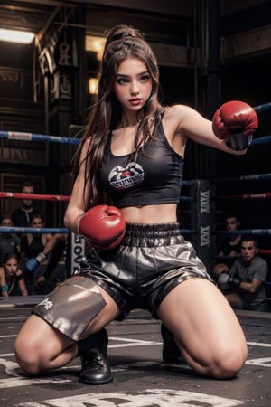 1girl, solo, long brown hair, tank top, midriff, shorts, boxing gloves, dynamic pose, fighting ring, photoreal ai girl,3va,perfecteyes eyes,oversized_puffer_jacket