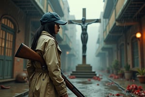 Technologically advanced and highly detailed aliens in a post-apocalyptic cityscape. (highly detailed, realistic photo, realistic skin texture), 8K, an American-based beautiful Japanese woman holding a sawed-off shotgun at her waist and looking back, wearing a dirty and torn beige trench coat, a navy Yankees baseball cap, dirty high-top Nike sneakers, in an alley with scattered bricks and debris, with rain falling and wet clothes, with a fascinating and action-packed pose, and a cool composition. (best quality,4K,8K,high resolution,masterpiece:1.2),Super detailed,(actual,photoactual,photo-actual:1.37),Giant cross：1.37,Spacious church,Beautiful nun,black robe,(meticulously made,Gorgeous) mask,Demons around,skull,bloody,red lily,red chrysanthemum,flame,Light.bloody,blood stains,,flame,