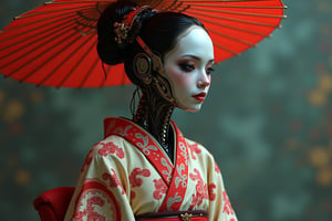 dark sci-fi, realistic photo,  full bod shot, 1 mechanical girl, mechanical parts, mechanical face, mechanical hands, mechanical body, mechanical legs, cybernetic, android geisha, wearing traditional Japanese clothing and a parasol, elegant mix of japanese woman and mechanical robot, japanese android geisha, traditional geisha clothing, beauty mechanical geisha, geisha hairstyle, Portrait of a mechanical geisha, mechanical parts, mechanical face, mechanical hands, visible mechanical element (mechanical body,mechanical arms :1.4), full boddy shot, depth of field, film grain, raw photobanshee, ghost, old woman, dead, creepy, decadent, ruined skin,  realistic eyes, transparent body and clothes, scars, invisible, bloody,  crying, screaming, sad, stunning details, very detailed, high resolution, photorealistic, cinematic lighting, realistic proportions, realistic perspective, harmonic composition, sharp focus, fantasy, D&D,   ManyEyedHorrorAI (((masterpiece))), (((Highest quality))), ((Very detailed)), (Highly detailed CG illustrations), ((close your eyes)), ((gas mask)), ((bare hands)) ((Very delicate and beautiful)),(Cute and delicate face),Cinematic Light,((1. Machine Girl)),alone,whole body,(Machine made joints:1.4),((Mechanical Limbs)),(Blood vessels connected to tubes),((Mechanical vertebrae attached to the back)),((Cervical vertebrae mechanically attached to the neck)),((Sitting)),Feeling facial expression,(Wires and cables connecting the head and body:1.5),(Character Focus),SF Black Hair　Sweaty face　cute