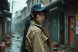 (highly detailed, realistic photo, realistic skin texture), 8K, an American-based beautiful Japanese woman holding a sawed-off shotgun at her waist and looking back, wearing a dirty and torn beige trench coat, a navy Yankees baseball cap, dirty high-top Nike sneakers, in an alley with scattered bricks and debris, with rain falling and wet clothes, with a fascinating and action-packed pose, and a cool composition.Technologically advanced and highly detailed aliens in a post-apocalyptic cityscape.