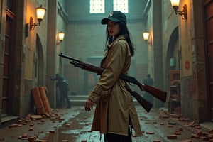 (highly detailed, realistic photo, realistic skin texture), 8K, an American-based beautiful Japanese woman holding a sawed-off shotgun at her waist and looking back, wearing a dirty and torn beige trench coat, a navy Yankees baseball cap, dirty high-top Nike sneakers, in an alley with scattered bricks and debris, with rain falling and wet clothes, with a fascinating and action-packed pose, and a cool composition.(best quality,4K,8K,high resolution,masterpiece:1.2),Super detailed,(actual,photoactual,photo-actual:1.37),Giant cross：1.37,Spacious church,Beautiful nun,black robe,(meticulously made,Gorgeous) mask,Demons around,skull,bloody,red lily,red chrysanthemum,flame,Light.bloody,blood stains,,flame,Technologically advanced and highly detailed aliens in a post-apocalyptic cityscape.