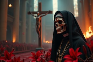 (best quality,4K,8K,high resolution,masterpiece:1.2),Super detailed,(actual,photoactual,photo-actual:1.37),Giant cross：1.37,Spacious church,Beautiful nun,black robe,(meticulously made,Gorgeous) mask,Demons around,skull,bloody,red lily,red chrysanthemum,flame,Light.bloody,blood stains,,flame,Technologically advanced and highly detailed aliens in a post-apocalyptic cityscape.