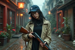 (highly detailed, realistic photo, realistic skin texture), 8K, an American-based beautiful Japanese woman holding a sawed-off shotgun at her waist and looking back, wearing a dirty and torn beige trench coat, a navy Yankees baseball cap, dirty high-top Nike sneakers, in an alley with scattered bricks and debris, with rain falling and wet clothes, with a fascinating and action-packed pose, and a cool composition.(best quality,4K,8K,high resolution,masterpiece:1.2),Super detailed,(actual,photoactual,photo-actual:1.37),Giant cross：1.37,Spacious church,Beautiful nun,black robe,(meticulously made,Gorgeous) mask,Demons around,skull,bloody,red lily,red chrysanthemum,flame,Light.bloody,blood stains,,flame,Technologically advanced and highly detailed aliens in a post-apocalyptic cityscape.