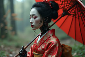 dark sci-fi, realistic photo,  full bod shot, 1 mechanical girl, mechanical parts, mechanical face, mechanical hands, mechanical body, mechanical legs, cybernetic, android geisha, wearing traditional Japanese clothing and a parasol, elegant mix of japanese woman and mechanical robot, japanese android geisha, traditional geisha clothing, beauty mechanical geisha, geisha hairstyle, Portrait of a mechanical geisha, mechanical parts, mechanical face, mechanical hands, visible mechanical element (mechanical body,mechanical arms :1.4), full boddy shot, depth of field, film grain, raw photobanshee, ghost, old woman, dead, creepy, decadent, ruined skin,  realistic eyes, transparent body and clothes, scars, invisible, bloody,  crying, screaming, sad, stunning details, very detailed, high resolution, photorealistic, cinematic lighting, realistic proportions, realistic perspective, harmonic composition, sharp focus, fantasy, D&D,   ManyEyedHorrorAI (((masterpiece))), (((Highest quality))), ((Very detailed)), (Highly detailed CG illustrations), ((close your eyes)), ((gas mask)), ((bare hands)) ((Very delicate and beautiful)),(Cute and delicate face),Cinematic Light,((1. Machine Girl)),alone,whole body,(Machine made joints:1.4),((Mechanical Limbs)),(Blood vessels connected to tubes),((Mechanical vertebrae attached to the back)),((Cervical vertebrae mechanically attached to the neck)),((Sitting)),Feeling facial expression,(Wires and cables connecting the head and body:1.5),(Character Focus),SF Black Hair　Sweaty face　cute