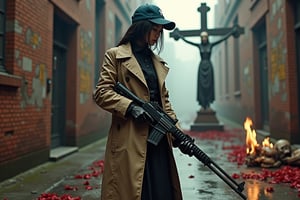 Technologically advanced and highly detailed aliens in a post-apocalyptic cityscape. (highly detailed, realistic photo, realistic skin texture), 8K, an American-based beautiful Japanese woman holding a sawed-off shotgun at her waist and looking back, wearing a dirty and torn beige trench coat, a navy Yankees baseball cap, dirty high-top Nike sneakers, in an alley with scattered bricks and debris, with rain falling and wet clothes, with a fascinating and action-packed pose, and a cool composition. (best quality,4K,8K,high resolution,masterpiece:1.2),Super detailed,(actual,photoactual,photo-actual:1.37),Giant cross：1.37,Spacious church,Beautiful nun,black robe,(meticulously made,Gorgeous) mask,Demons around,skull,bloody,red lily,red chrysanthemum,flame,Light.bloody,blood stains,,flame,