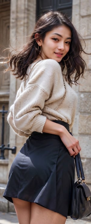 background is Paris,
28 yo, 1 girl, beautiful korean and indian girl,fashion model,
wearing tight sweater,short skirt(chess pattern),shoulder bag(Louis Vuitton),happy laugh,cloth blowing by wind, solo, {beautiful and detailed eyes}, dark eyes, calm expression, delicate facial features, ((model pose)), Glamor body type, (dark hair:1.2), simple tiny earrings, simple tiny necklace,very_long_hair, hair past hip, bangs, curly hair, flim grain, realhands, masterpiece, Best Quality, 16k, photorealistic, ultra-detailed, finely detailed, high resolution, perfect dynamic composition, beautiful detailed eyes, eye smile, ((nervous and embarrassed)), sharp-focus, full_body, cowboy_shot,