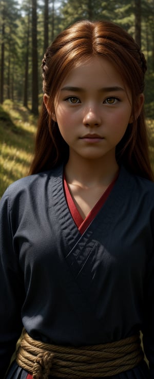 Natural Light, (Best Quality, highly detailed, Masterpiece), (beautiful and detailed eyes), (realistic detailed skin texture), (detailed hair), (Fantasy aesthetic style), (realistic light and shadow), (real and delicate background), ((cowboy shot)), (from high), shinobi, 1girl, lotr elf, amber colored eyes, brown hair, A beautiful young elven ninja, clad in navy shinobi shozoku, with a red sash, stands confidently in a beautiful 
forest landscape.