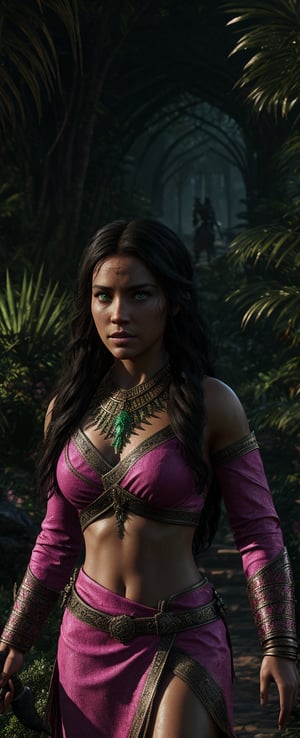 Best quality, Masterpiece, Ultra High Resolution, (Fidelity:1.2), (Realistic:1.3), 1woman, mature Egyptian woman, green eyes, black hair flaps, portrait, solo, upper body, looking at viewer, detailed background, detailed face, ancient Egyptian theme, feral jungle warrior, pink tribal clothing, obsidian, defensive stance, stone knife, bushes, poisonous plants, rocks,  humid climate, darkness, cinematic atmosphere,
dark chamber, dim light (zentangle, mandala, tangle, entangle), (golden and green tone:0.5)
(35mmstyle:1.1), front, masterpiece, 1970s film, cinematic lighting, photo-realistic, high frequency details, 35mm film, (film grain), film noise,Shiny_skin,egyptian,full body